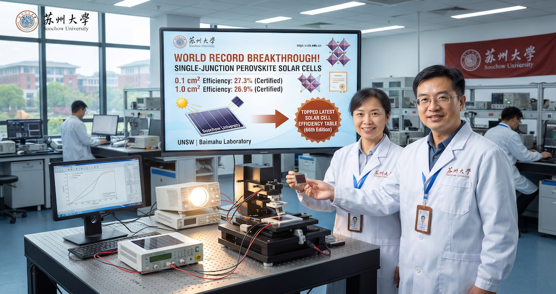 ¡26,9%! ¡27,3%! La Universidad de Suzhou rompe el récord de eficiencia de las células de perovskita.